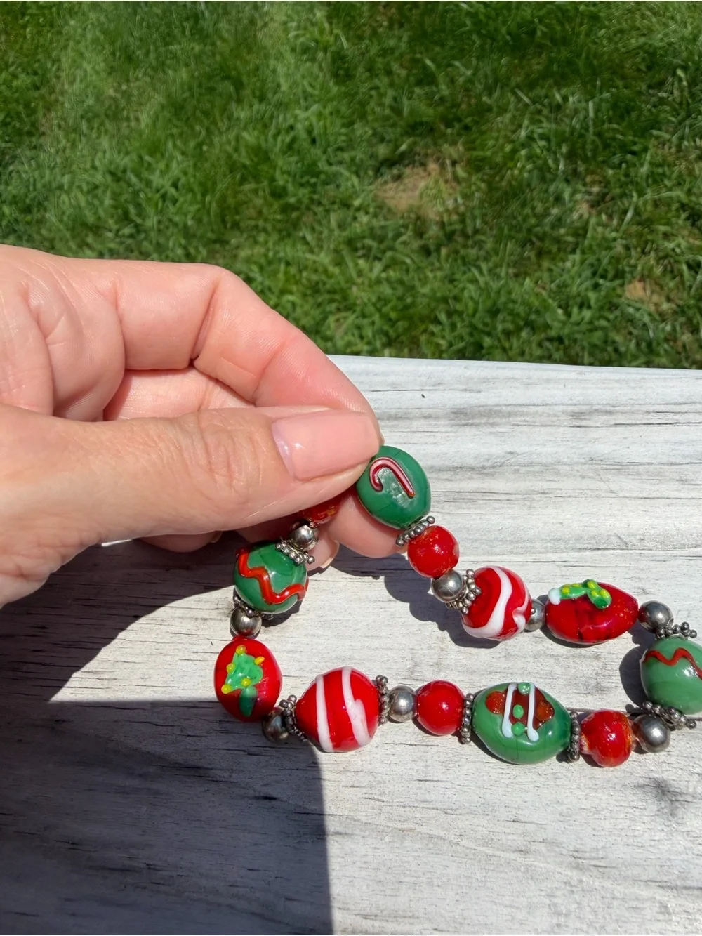 Christmas Stocking Candy Cane Tree  Jewelry Glass Beads Bracelet Stretchy